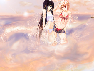 Anime girls water surfboard beach - above them free wallpaper