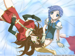 Blue haired girls flying bed - the air together free wallpaper