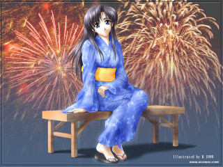 Woman blue dress bench fireworks - firework free wallpaper