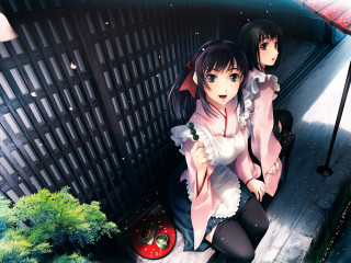 Anime girls rain umbrella magic - an umbrella over free wallpaper