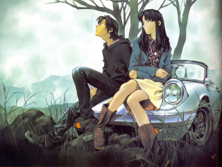 Man woman car grass forest - the background and a dog free wallpaper