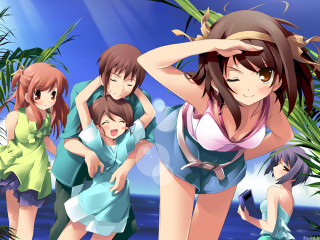 Ocean palm trees group girls - palm tree free wallpaper