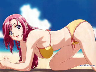 Beach blonde pinkhair purpleeyes bikini - yukito kishiro free wallpaper for desktop