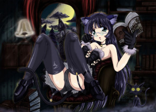 Cat girl library moon glasses - her lap free wallpaper for desktop