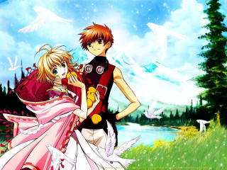 Anime couple field birds animals - a mosaic free wallpaper