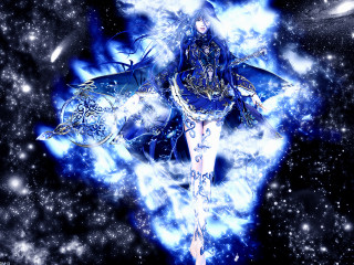 Woman blue dress flying fish - her hand and a fish free wallpaper