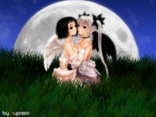 Anime girls fullmoon bamboo wings - a full moon in the sky free wallpaper