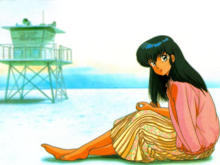 Woman sitting beach lifeguard tower - the ground next free wallpaper