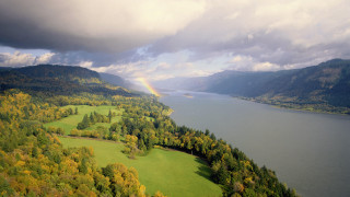 Rainbow lake mountains trees scenery - david boyd free wallpaper
