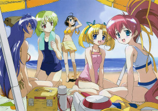 Beach girls umbrella swimsuit long - a sandy beach free wallpaper