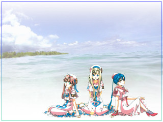 Three anime girls beach water - empty free wallpaper for desktop