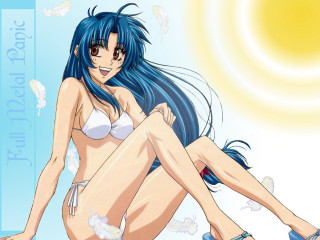 Woman bikini sitting bluehair seagull - a sun in the background free wallpaper