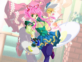 Pink haired girl green dress - a white plate free wallpaper