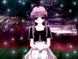 Girl bench field purple sky - anime art free wallpaper for desktop