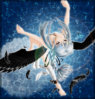 White hair black wings woman - water free wallpaper for tablet