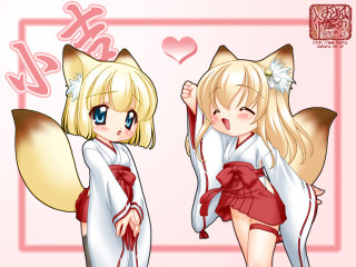 Fox girl blonde hakama miko - a cat tail free wallpaper