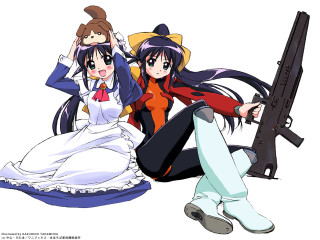 Two anime girls guns dresses - one holding free wallpaper