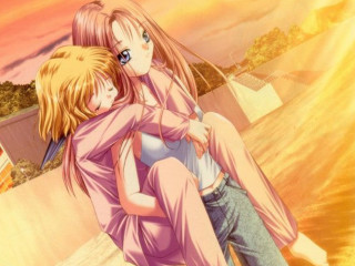 Sunset anime hugging girls cityscape - two girl free wallpaper