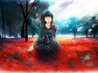 Woman redflowers trees sky autumn - the background and a sky free wallpaper