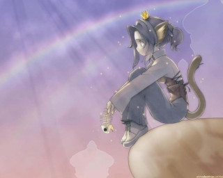 Cartoon girl cat rainbow rock - a sky free wallpaper