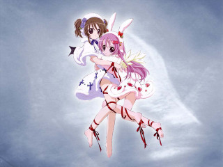 Anime couple hug cloudy sky - a blue sky behind them free wallpaper