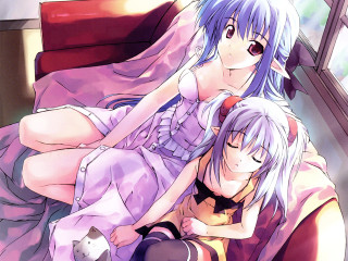 Anime elf girls bed cats - a bed together free wallpaper
