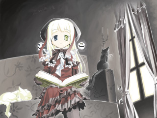 Alice prin gothic reading cat - in a room free wallpaper