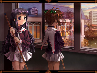 Anime girls window broom cityscape - a broom free wallpaper