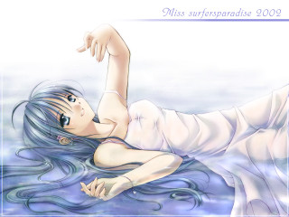 Blue hair anime woman laying - figurative art free wallpaper