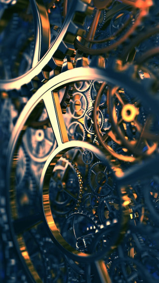Gold clock blue background gears - free 3d render wallpaper for mobile