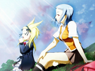 Anime giantess sitting grass sky - a sky background behind them free wallpaper