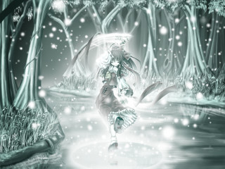 Snowy forest woman bird anime - above her free wallpaper
