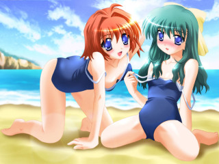 Anime beach girls swimsuits blue - the beach together free wallpaper