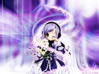 Anime girl flower bouquet purple - a white ribbon free wallpaper