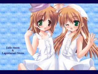 Rainy anime sisters hats green - brown hair free wallpaper