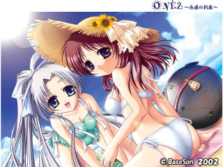 Anime girls beach bikini hats - their head free wallpaper