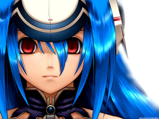 Anime girl blue hair red 3 - realistic eye free wallpaper