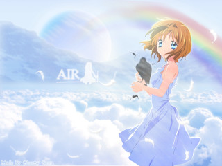 Girl blue dress rainbow clouds - a black object free wallpaper