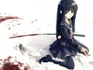 Girl sitting snow sword blood - the ground behind her free wallpaper