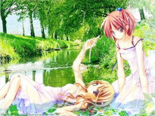 Anime girls pond fence dappled - impressionism free wallpaper