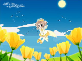 Cartoon girl flying yellow flowers - over a field free wallpaper