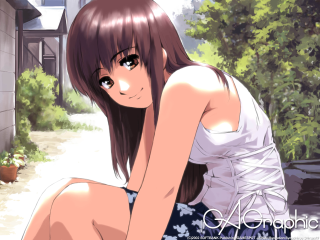 Girl sitting house anime portrait - her leg up free wallpaper