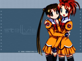 Two anime girls hugging blue 2 - a blue background behind them free wallpaper