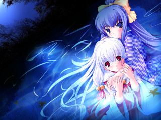 Moonlit anime girls hug woods - a full moon in the background free wallpaper for desktop