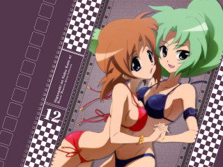 Anime girls bikinis checkered background - border free wallpaper