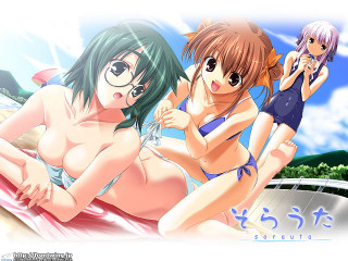 Anime girls bathing suits pool 3 - a man in the background free wallpaper