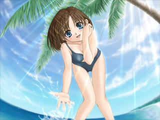 Woman beach palm sky ocean - a blue sky and ocean in the background free wallpaper