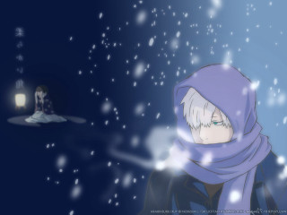 Snowy hooded figure purple blue - a blue scarf free wallpaper