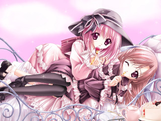 Anime girls laying bed cake - a sky free wallpaper