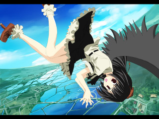 Woman flying sword bird cartoon - her hand and a bird free wallpaper